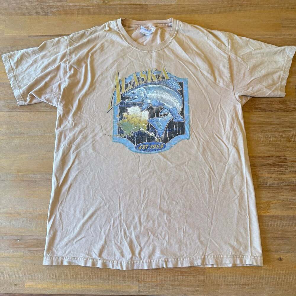 Vintage Hanes Beefy-T Alaska Salmon & Map Graphic T-Shirt Tan Adult Large